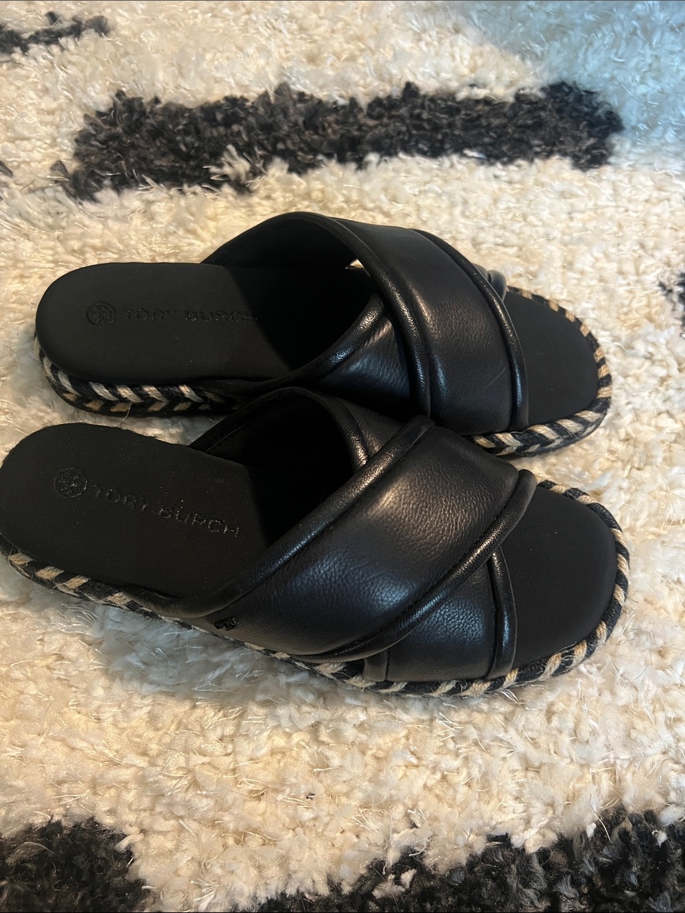 Tory Burch Black Leather Crossband Espadrille Slide Sandals with Braided Trim